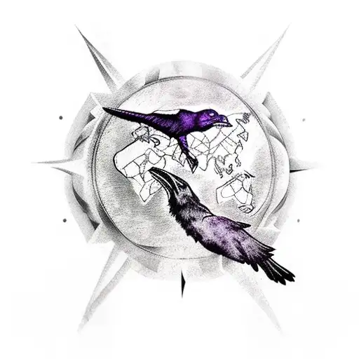 Two ravens above a wolf's head blending into a map with a compass on top. tattoo design idea