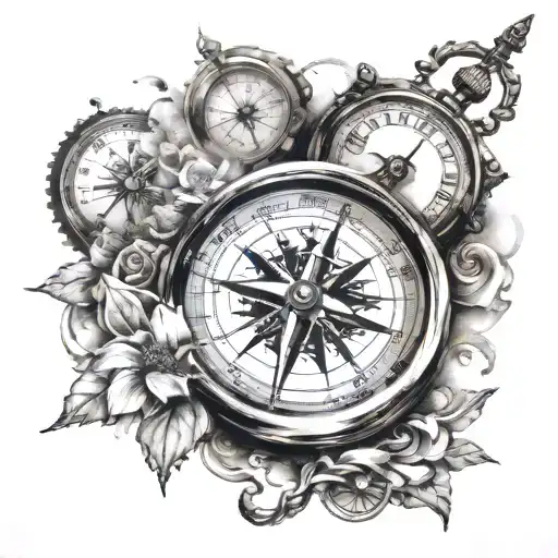 compass mixed with clock all in one   tattoo design idea