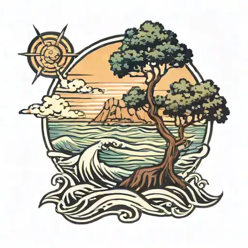 island, tree, old school, sea theme, sun, wave tattoo design idea