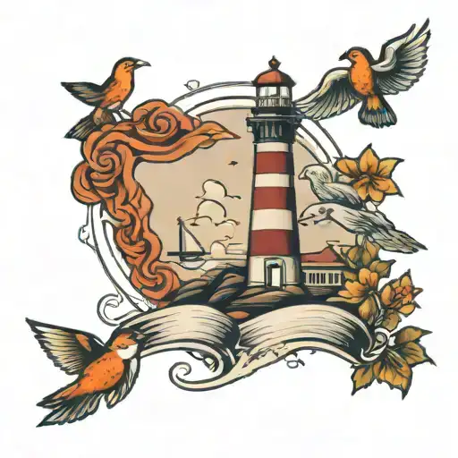 lighthouse, old school, birds,  tattoo design idea