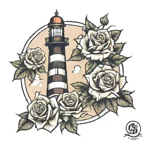 lighthouse, old school, roses tattoo design idea