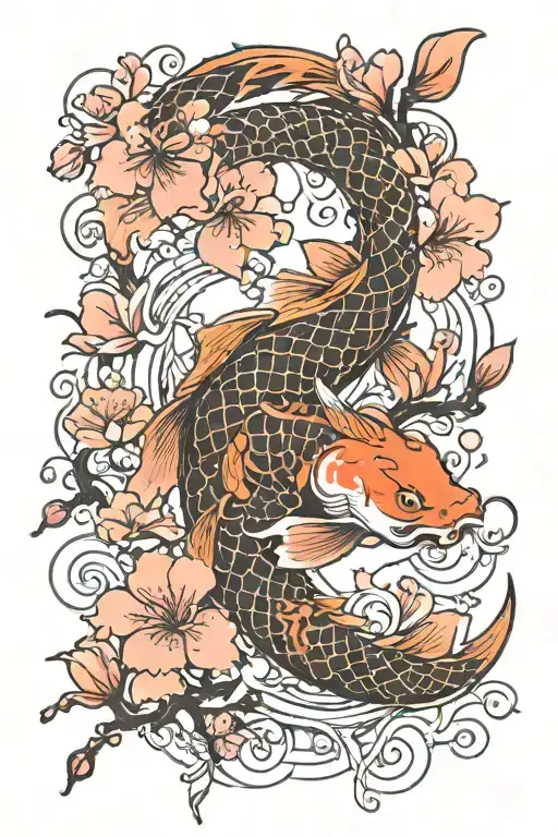 A koi fish transforming into a dragon surrounded by cherry blossoms tattoo design idea