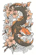A koi fish transforming into a dragon surrounded by cherry blossoms tattoo design idea