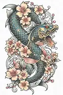A koi fish transforming into a dragon surrounded by cherry blossoms tattoo design idea