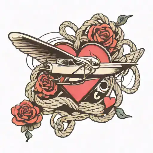 heart, rope , plane flying tattoo design idea
