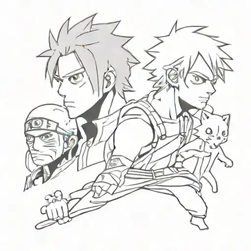 a tattoo that combines elements of the anime "One Piece", "Naruto", "Attack of Titans" and "Hunter Hunter".  tattoo design idea