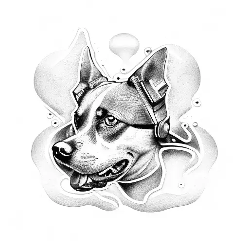 A metal-inspired tattoo of a dog playing a guitar tattoo design idea