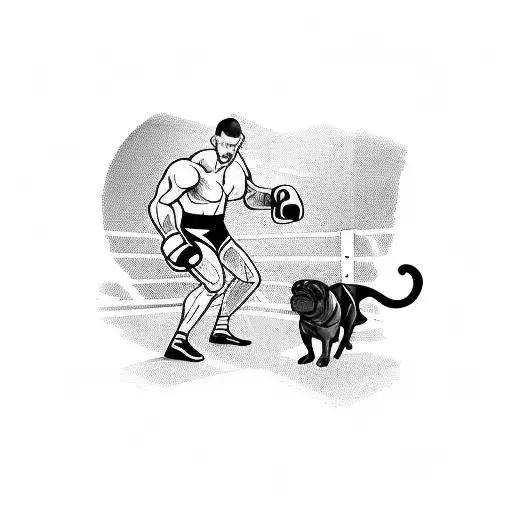 A dynamic composition of a boxing ring with a Cane Corso dog as the referee, incorporating woodworker's tools in the background tattoo design idea