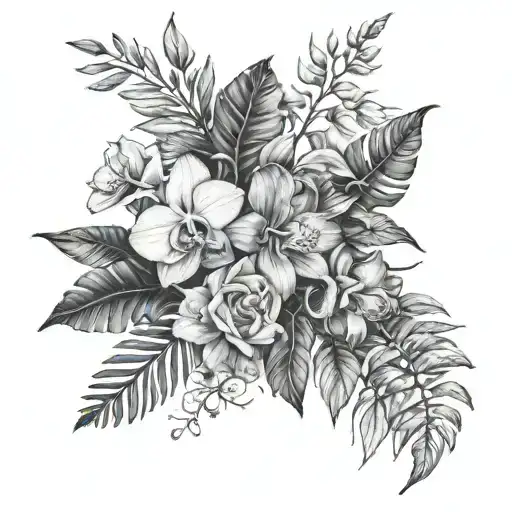 full upper arm sleeve tattoo - different type Orchids, Calathea, ZZ plant, Rubber plant, Alocasia and roses.  tattoo design idea