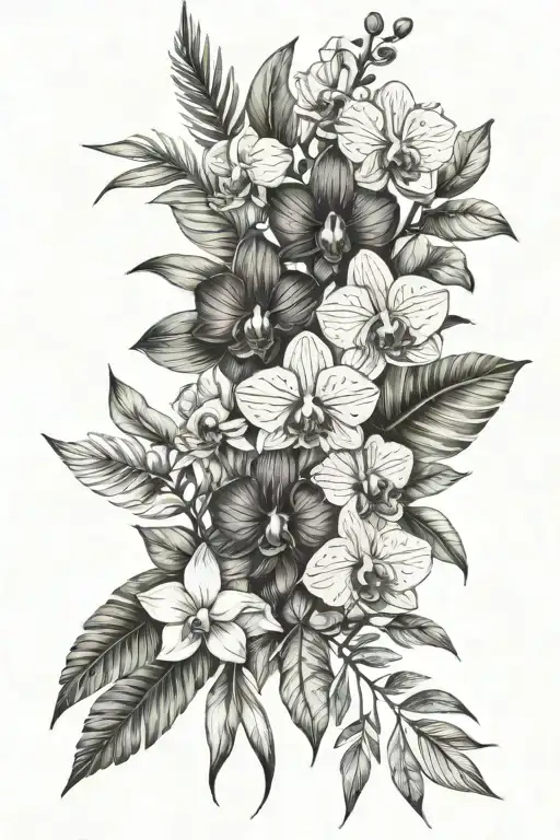 full upper arm sleeve tattoo - different type Orchids, Calathea, ZZ plant, Rubber plant, Alocasia and roses.  tattoo design idea