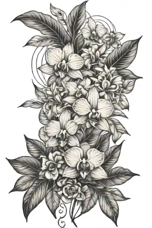 full upper arm sleeve tattoo - different type Orchids, Calathea, ZZ plant, Rubber plant, Alocasia and roses.  tattoo design idea