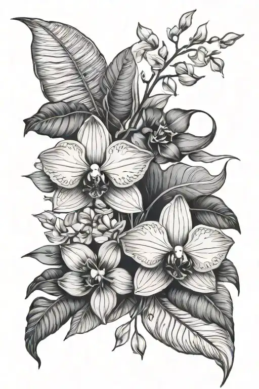 full upper arm sleeve tattoo - Orchids, Calathea, ZZ plant, Rubber plant, Alocasia and other plants  tattoo design idea