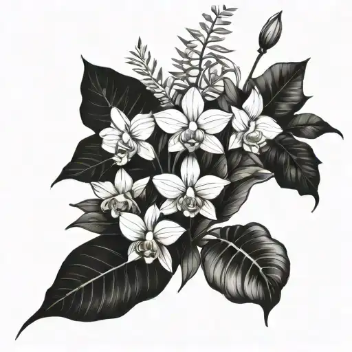 full upper arm sleeve tattoo - different type Orchids, Calathea, ZZ plant, Rubber plant, Alocasia and roses.  tattoo design idea
