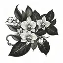 full upper arm sleeve tattoo - different type Orchids, Calathea, ZZ plant, Rubber plant, Alocasia and roses.  tattoo design idea
