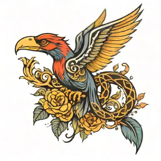 using my collar bone as a branch show a fenix perched on it and a boa snake draped dangleing down from it tattoo design idea