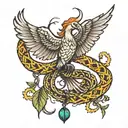 using my collar bone as a branch show a fenix perched on it and a boa snake draped dangleing down from it tattoo design idea