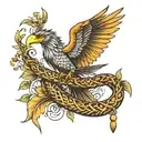 using my collar bone as a branch show a fenix perched on it and a boa snake draped dangleing down from it tattoo design idea