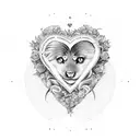 A heart-shaped design featuring the name and birthdate of your child, surrounded by intricate black and grey floral patterns tattoo design idea