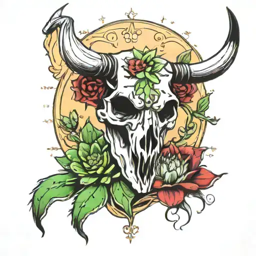 bull skull and cactus tattoo design idea