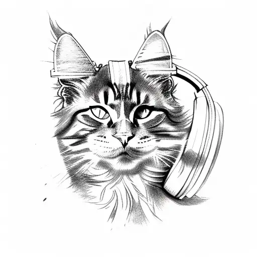 A sketch-style tattoo of a Maine Coon cat wearing headphones tattoo design idea