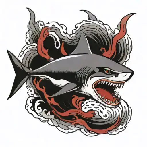 shark with blood semi skeleton around the sea tattoo design idea
