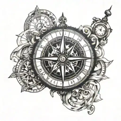 compass rose, clock side, portugal side inside tattoo design idea