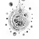 ankle tattoo moon jellyfish (Aurelia Aurita) watercolor blue, green, purple, and gold. black line sanddollar head tattoo design idea