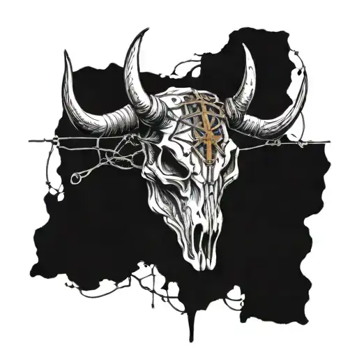 bull skull with barb wire wrapped tattoo design idea