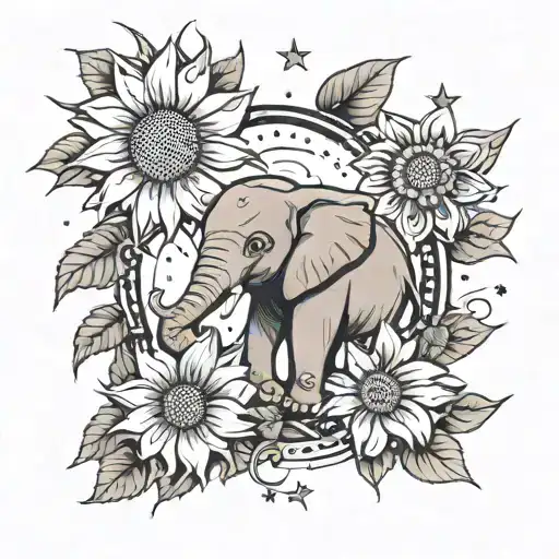 star gazing lily and sunflower with cartoon baby elephant with trunk in the air  tattoo design idea