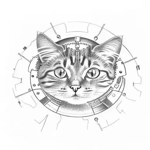 A mechanical cat with gears and cogs, symbolizing the fusion of your love for cats and your occupation as a designer tattoo design idea