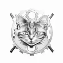 A mechanical cat with gears and cogs, symbolizing the fusion of your love for cats and your occupation as a designer tattoo design idea