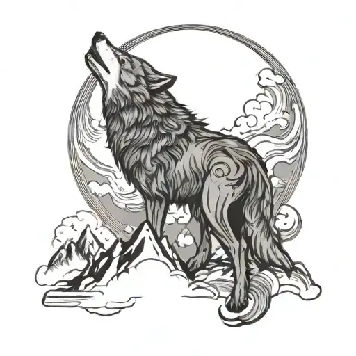 An intricate design featuring a wolf howling at the moon, surrounded by swirling clouds and stars, with a silhouette of mountains in the background tattoo design idea