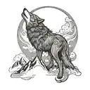 An intricate design featuring a wolf howling at the moon, surrounded by swirling clouds and stars, with a silhouette of mountains in the background tattoo design idea