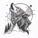 An intricate design featuring a wolf howling at the moon, surrounded by swirling clouds and stars, with a silhouette of mountains in the background tattoo design idea