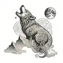 An intricate design featuring a wolf howling at the moon, surrounded by swirling clouds and stars, with a silhouette of mountains in the background tattoo design idea
