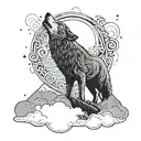 An intricate design featuring a wolf howling at the moon, surrounded by swirling clouds and stars, with a silhouette of mountains in the background tattoo design idea