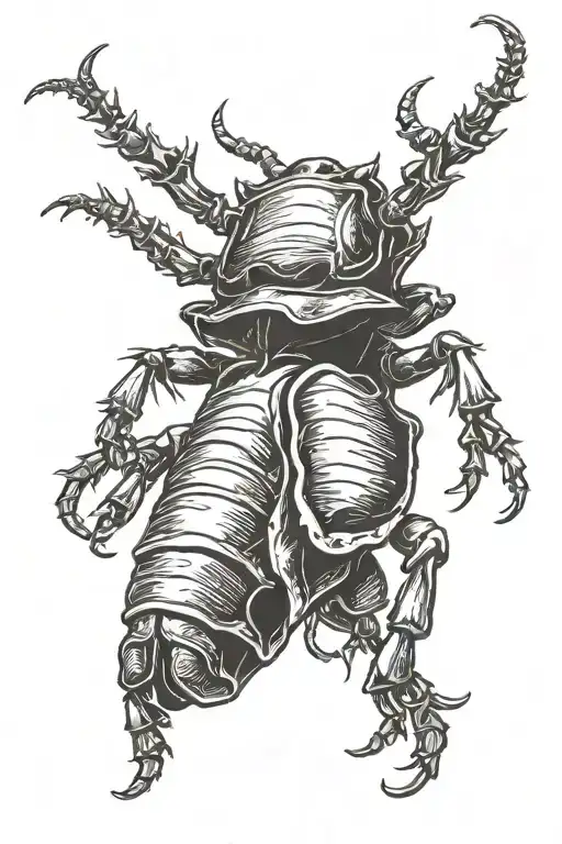 skeleton hand reaching out to a rhinoceros beetle holding it with its claws tattoo design idea
