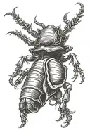 skeleton hand reaching out to a rhinoceros beetle holding it with its claws tattoo design idea