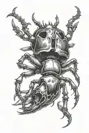 skeleton hand reaching out to a rhinoceros beetle holding it with its claws tattoo design idea