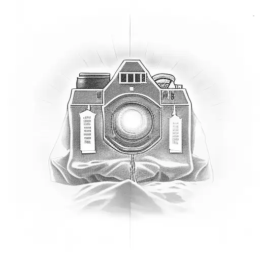 A black and grey close-up of a camera lens with the bible verse 'Let your light shine' wrapped around it tattoo design idea