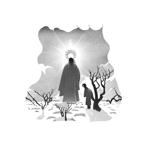 A blackwork silhouette of a photographer capturing a beautiful landscape, with the bible verse 'I am the light of the world' incorporated into the scenery tattoo design idea