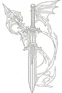 Dragon Slayer sword from Berserk in a vertical position upper the brand of sacrifice. The beherith is around the blade tattoo design idea