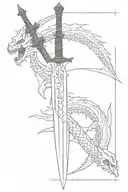 Dragon Slayer sword from Berserk in a vertical position upper the brand of sacrifice. The beherith is around the blade tattoo design idea