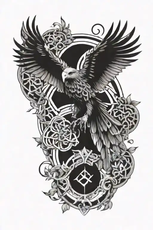 Ayahuasca vine wrapping around a sacred geometry symbol with a bionic eagle perched on top tattoo design idea