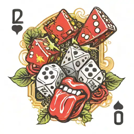 Rolling Stones tongue spitting out 2 dice and three game cards tattoo design idea