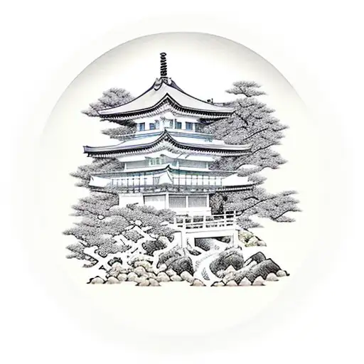 japanese garden with temple on the right back and cherryblossom tree on the left back and a river going onder a japanese tattoo design idea