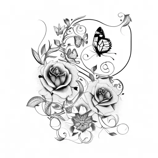 butterflies, flowers , cursive writing , vines, branches , black  tattoo design idea