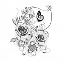 butterflies, flowers , cursive writing , vines, branches , black  tattoo design idea