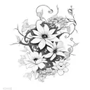 butterflies, flowers , cursive writing , vines, branches , black  tattoo design idea