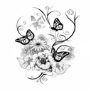 butterflies, flowers , cursive writing , vines, branches , black  tattoo design idea